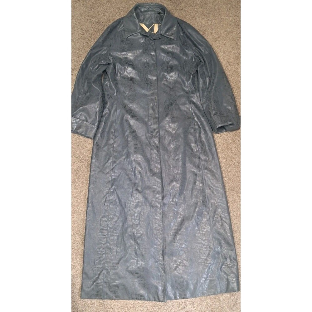 Faux Leather Trench Coat Men's Medium Charcoal Gray Alligator Embossed Back Slit
